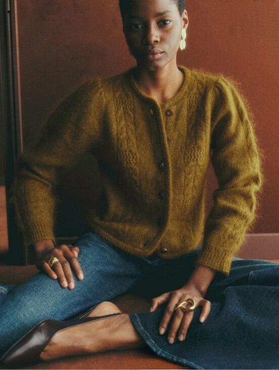 Sezane Sweaters - SÉZANE Evi Mohair Marled Olive Green Brown Cable Detail Cardigan M NWOT